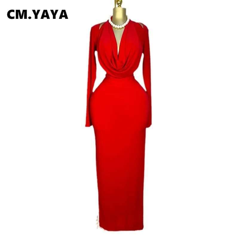 Cm.Yaya Women Full Sleeve Pile Collar Long Maxi Dress 2025 Sweet Holiday Beach Birthday Evening Sexy Girl Party Dresses Vestidos