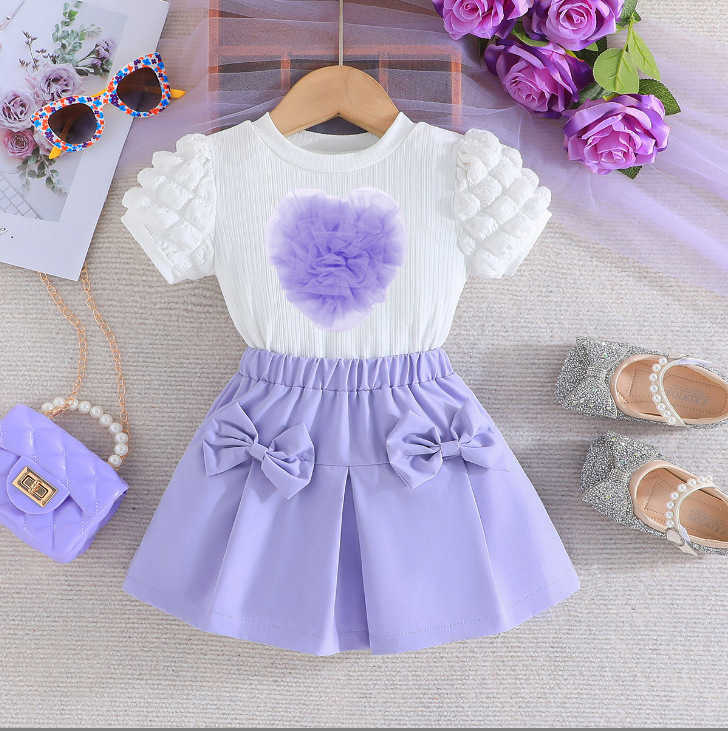 2025 New Girl Bubble Short Sleeved Top Love Bow Short Skirt Set Fashion Set Y250423lqyd