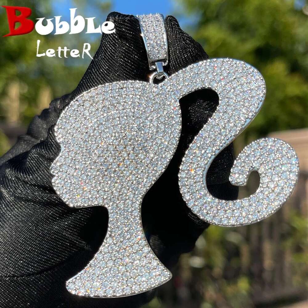 Bubble Letter Iced Out Babe Pendant Queen Doll Girl Head Necklace for Women Real Gold Plated Fashion Hip Hop Rock Jewelry