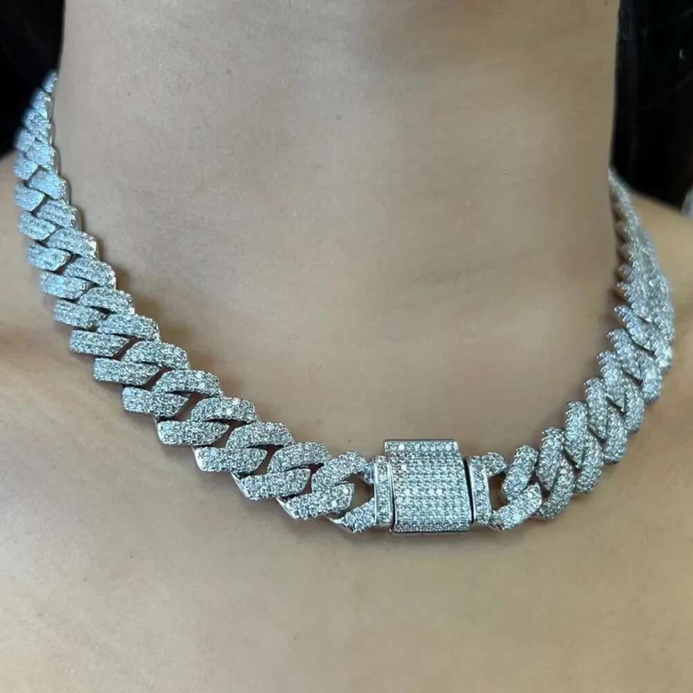 Gold Color Rhinestones Paved Prong Miami Cuban Link Chain Necklace For Women Men Iced Out 2 Row Rhombus Cuban Chain Gift Jewelry