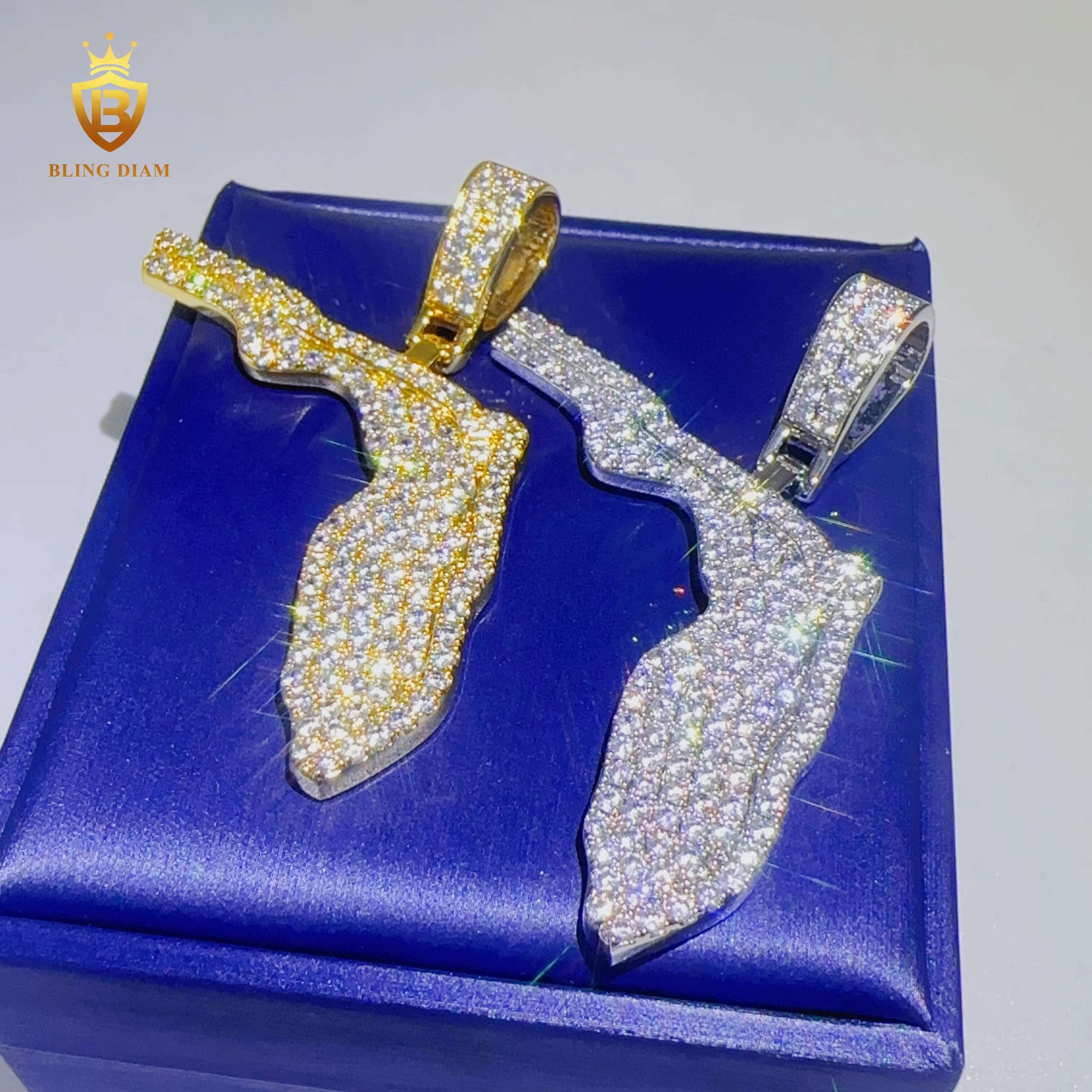 Wholesale Custom Hip Hop Jewelry Iced Out VVS Moissanite Diamond Necklace Set Florida Map Design Pendant