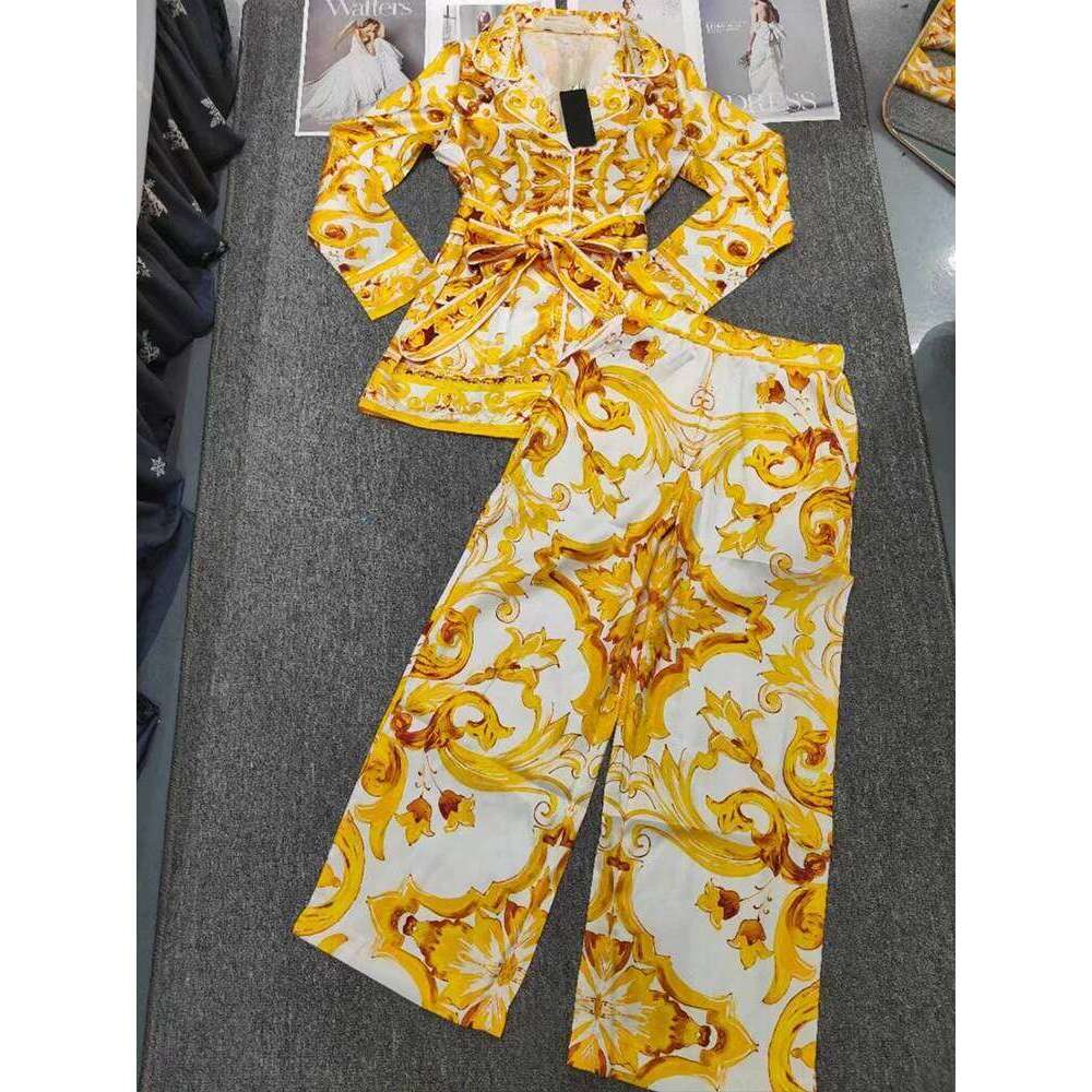 Women's Wear New Spring And Summer Geometric Printing Lapel Long-Sleeved Shirt+Elastic Waist Wide-Leg Trousers Casual Two-Piece Women's Suit