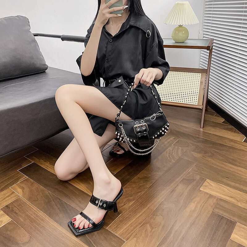 Woman Sandals New Summer Square Open Toe High Slim Heels Lacquer Leather Black Sweet Cool Slippers