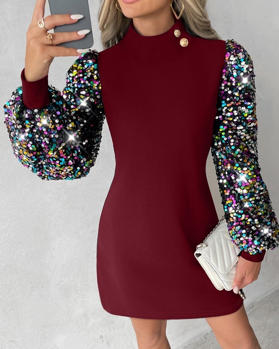2023 Autumn/Winter New Round Neck Lace Long Sleeve Wrapped Hip Waist Dress