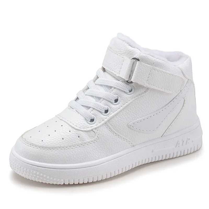 Spring 2024 New Fleece-Lined Sneakers White Casual High-Top Student Shoes Breathable Rubber Sole Childrens Lei C260130