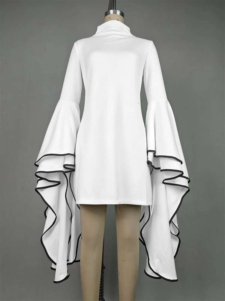 Women Fashion Elegant Flared Sleeves Party Evening Mini Dresses 2024 New Autumn Stand Collar Slim Fit White A-Line Dress