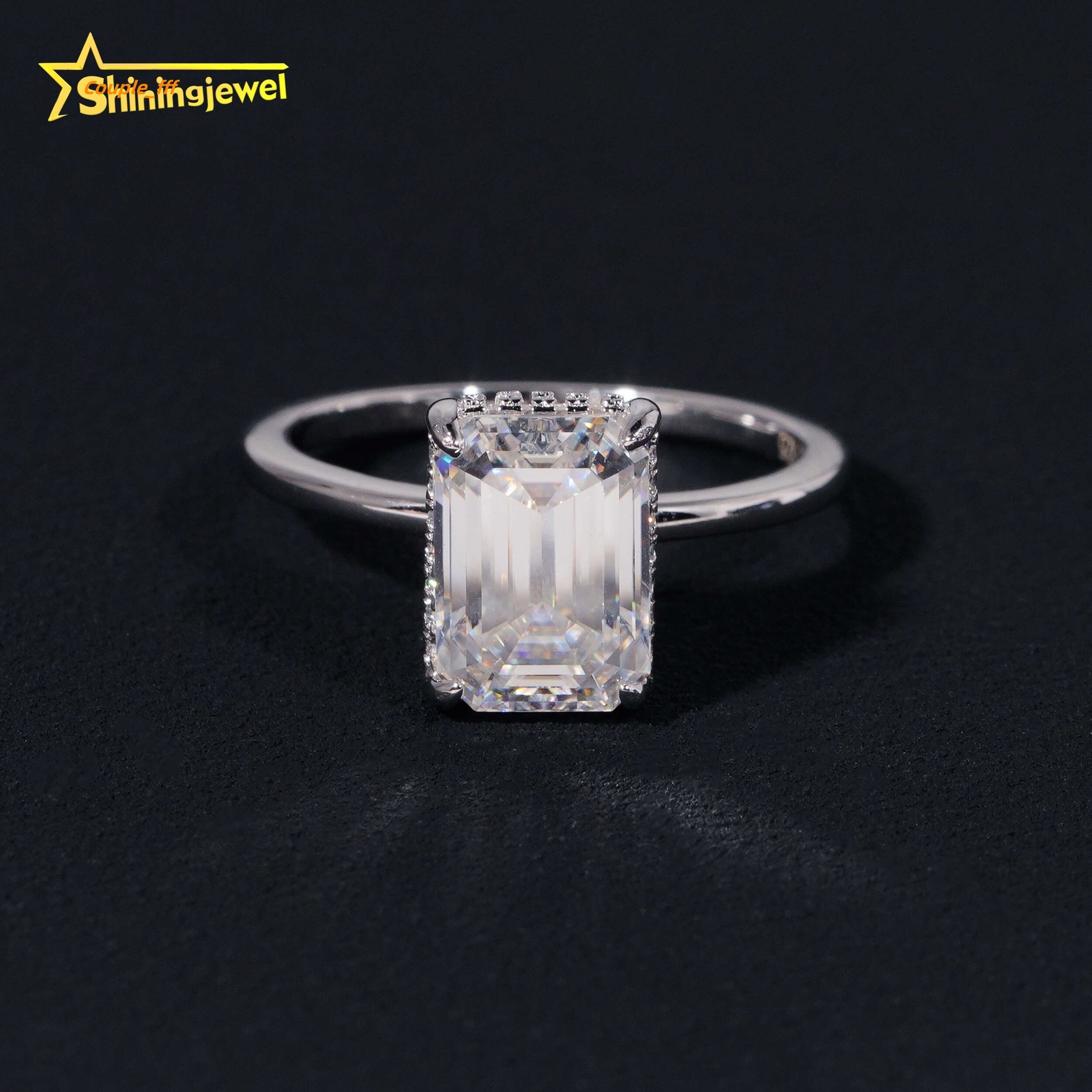 Fast Shipping Gold Plated Emerald Cut Wedding Ring Moissanite VVS Pass Diamond Test 925 Sliver Halo Setting Engagement Ring