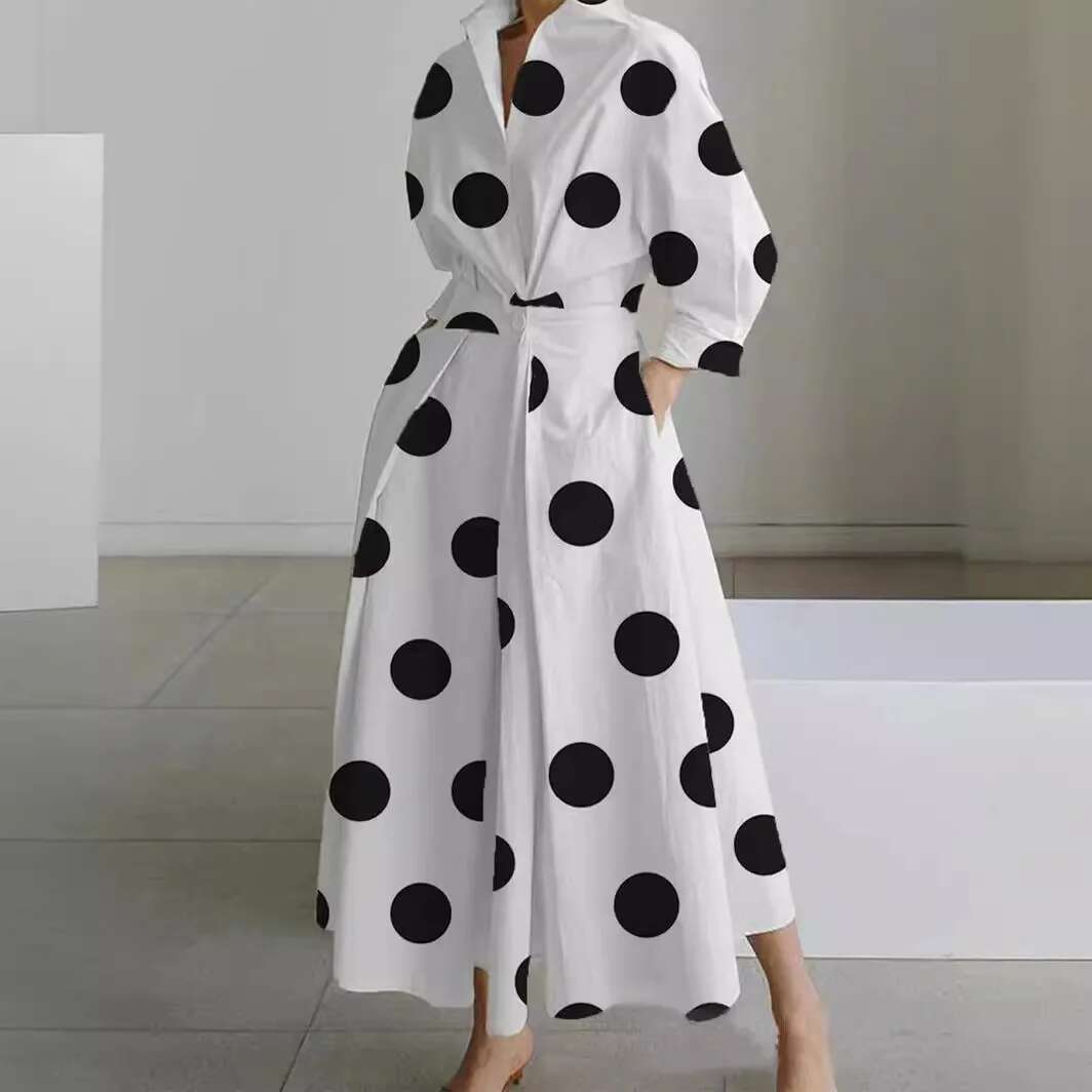 Superaen Dresses Spring 2024 New Commuter Fashion Lapel Collar Long Sleeve Elastic Swing Dress