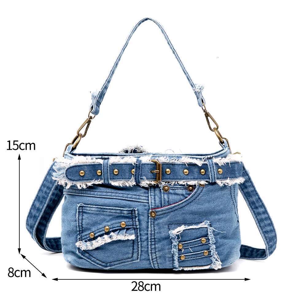 Leisurel Handbag Cool Cowboy Material Jeans Pocket With Metallic Rivets And Buckle Denim Cross Body Bag