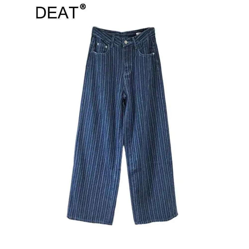 DEAT Women's Jeans High Waist Washed Striped Loose Straight Wide Leg Vintage Causal Denim Pants 2025 Spring New Fashion 29L8450