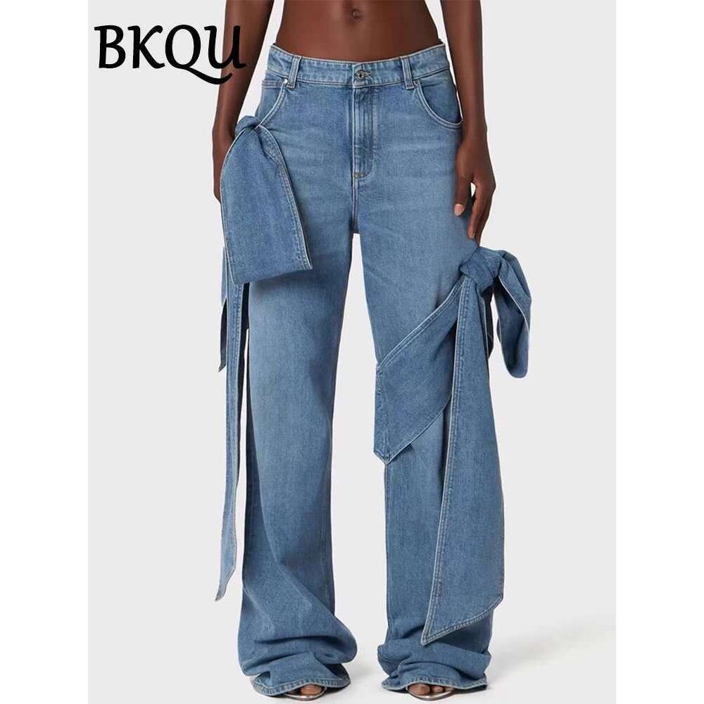 BKQU Denim Pants Set Women 2024 Designer Outfits Bows Spaghetti Straps Corset Tank Tops And Wide Leg Straight Jeans 2 Piece Sets