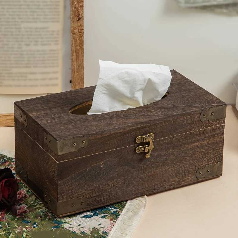 Solid Wooden Tissue Box Vintage Metal Lock Paper Napkin Holder Dispenser Case Bathroom Office Desk Living Room Home DecorationM251124