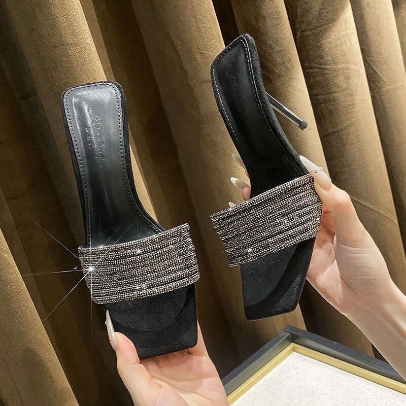Woman Sandals Black Sexy Square Toe Slim Heel Rhinestone Straight Strap Sandals Internet Famous High Heels Cool Slippers For Women Versatile High End 