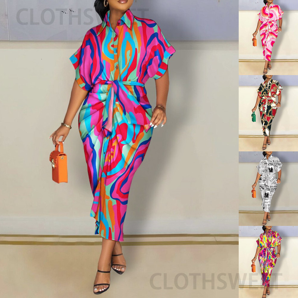 2022 Autumn Long Sleeve V-Neck Button Print Shirt Dress Women