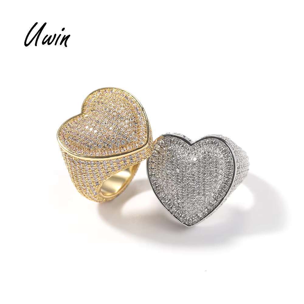 Hip Hop Iced Out Bubbly Heart Signet Ring 18K Gold Plating Zirconia Large Ring for Men Bling Rapper Jewelries