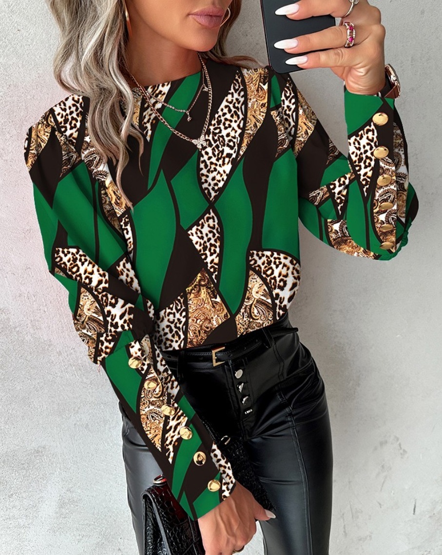 2023 autumn and winter fashion printed long sleeved round neck button down shirt for women
