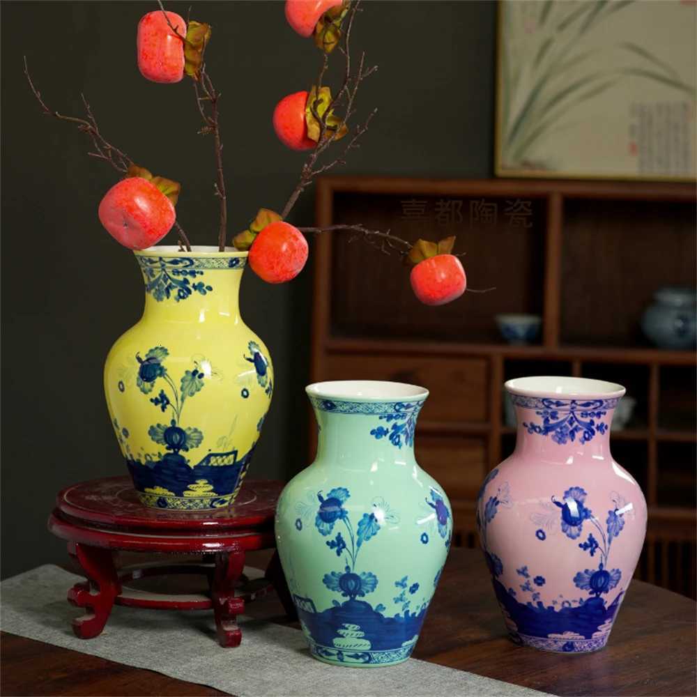 Light Luxury Blue And Flower Hand-Painted Vase Home Decoration Ceramic Vase Flower-Arranging Hydroponic Vase Hallway Ornaments C251124