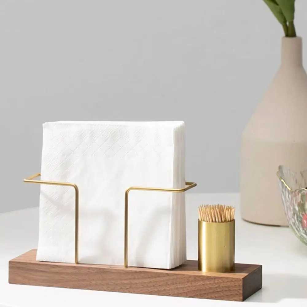 Vertical Tissue Dispenser with Toothpick Case Metal Napkin Holder Multi-use Gold Wooden HomeM251124