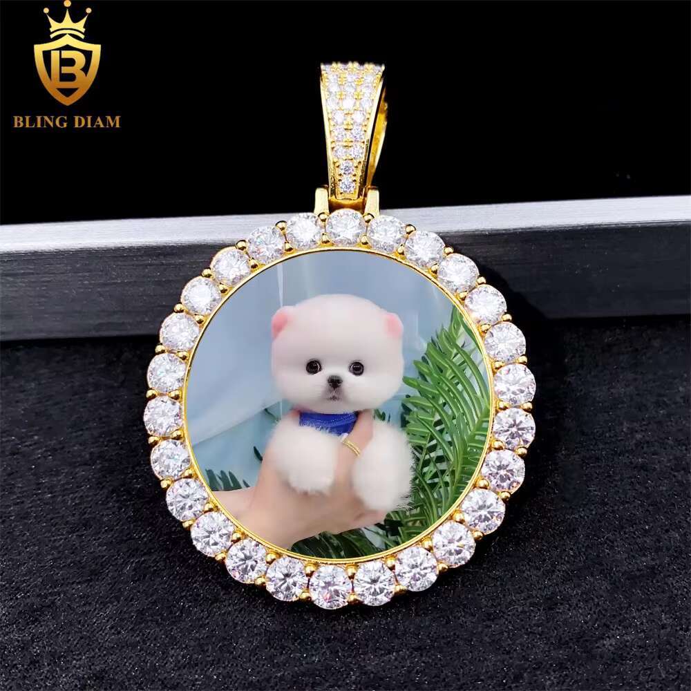 Blingdiam Jewelry Custom Photo Circle Pendant Bulk Vvs Moissanite Big Diamond 925 Sterling Silver Gold Plated