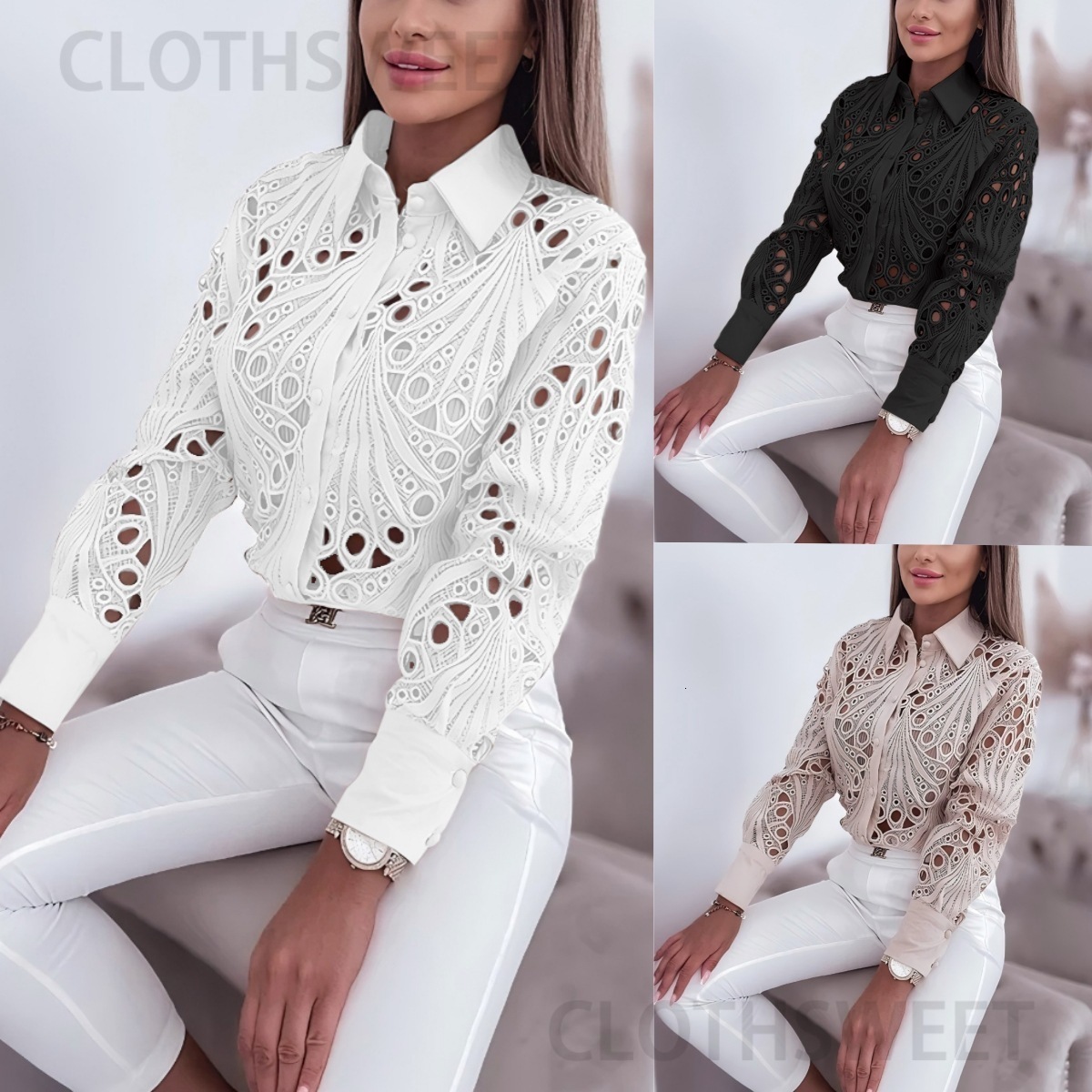 2024 Spring and Autumn Versatile Commuting Fashion Lace Hollow Long Sleeve Shirt for Women