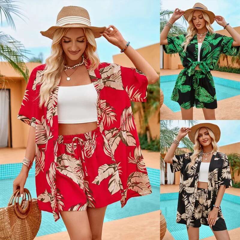Summer New Women's Fashion Printed Casual Vacation Style Cardigan And Shorts Set