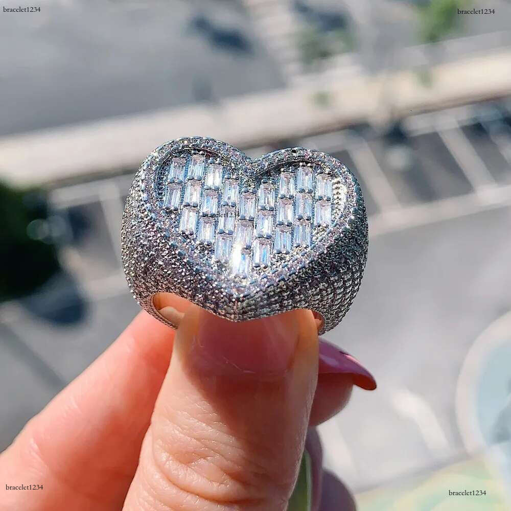 Big Heart Shaped moissanite Dia 14k gold Full Paved White Baguette CZ Iced Out Bg Square Cubic Zircon Fashion Lover Jewelry Sier Ring for Women Men