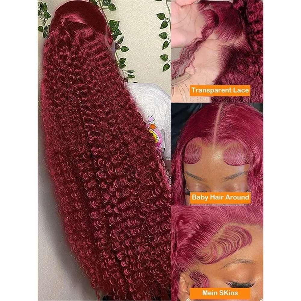 250 Density Deep 99J Bury 13X4 Frontal Wig Human Hair 13X6 Curly 30 40 Inch HD Lace Front Wigs Red Wine Water Wave