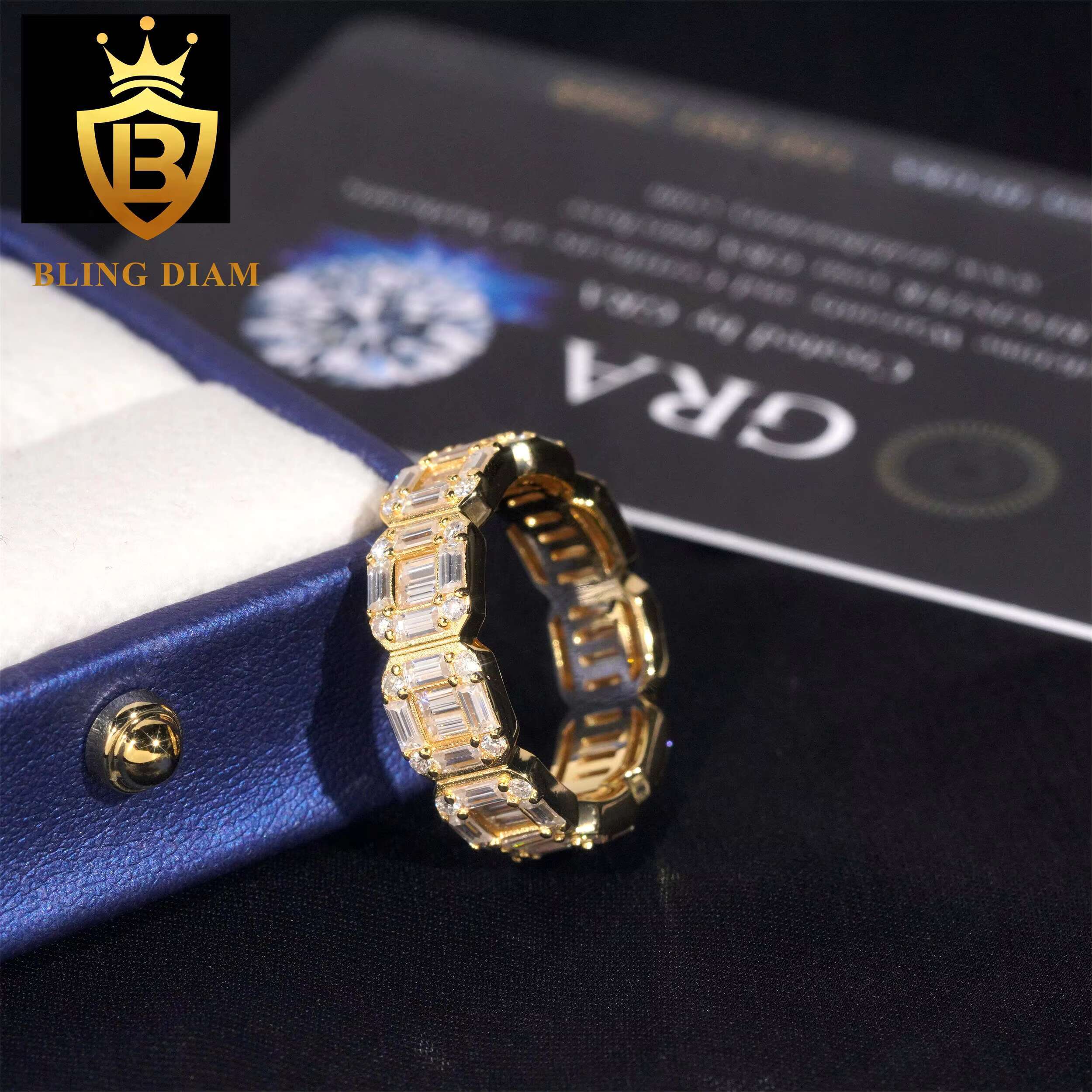 Pass Diamond Tester Vvs Moissanite Iced Out Hip Hop 925 Sterling Silver baguette Ring