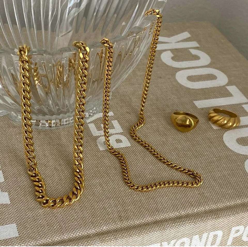 18K Gold IP Plated Stainless Steel Thick cuban link chain Chunky necklace Miami Double Layered Snake Chain Choker Necklace