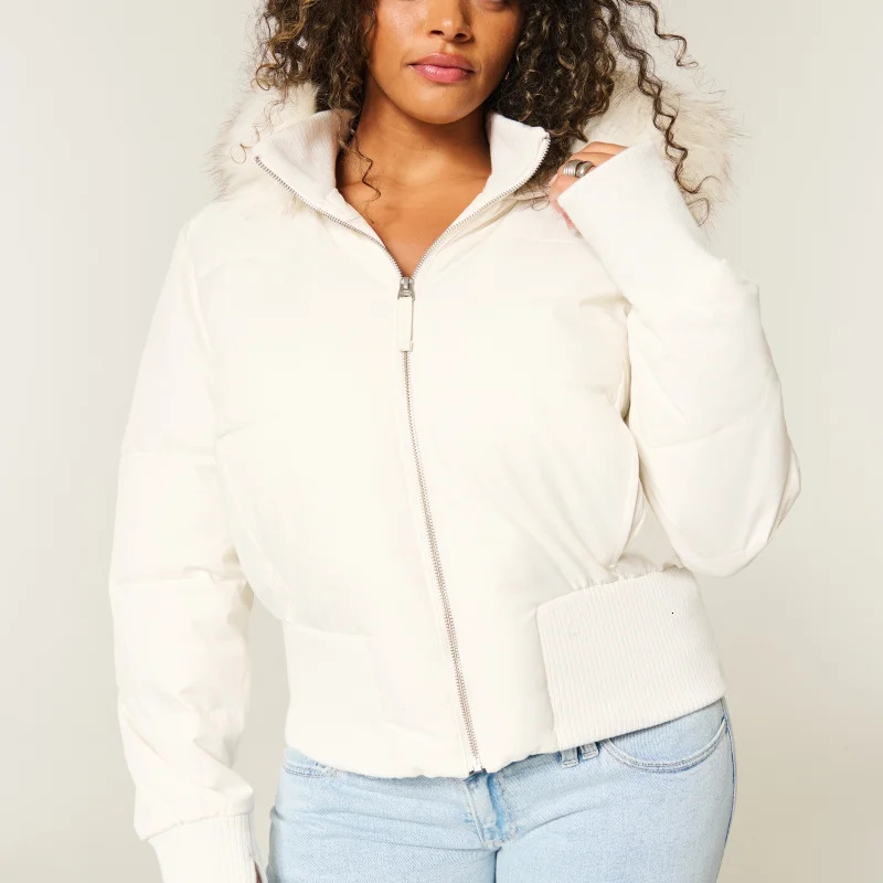 Chic Fur Collar Hooded Womens Cotton Jacket Solid Zipper Slim Waist Pocket Warm Thick Coat 2025 Winter Autumn Female Outerwear 251124