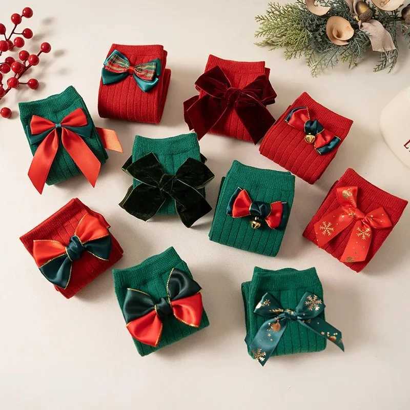 2025 Christmas Girls Socks For 3-12Y Autumn Winter Toddlers Big Bow Knee High Long Kids Sock Soft Cotton Red Socken G251124