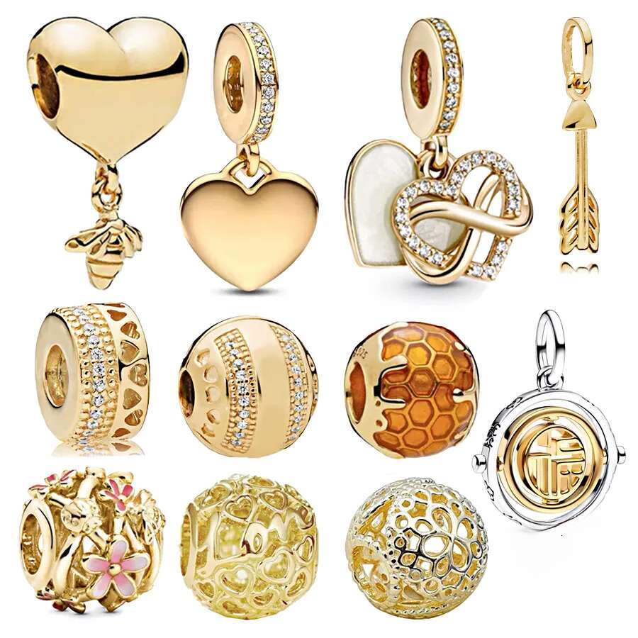 925 sterling silver Openwork Flower Double Heart Split Dangle Charm Bead With gold color Fit Original Bracelet Bangle Jewelry DIY for women gift