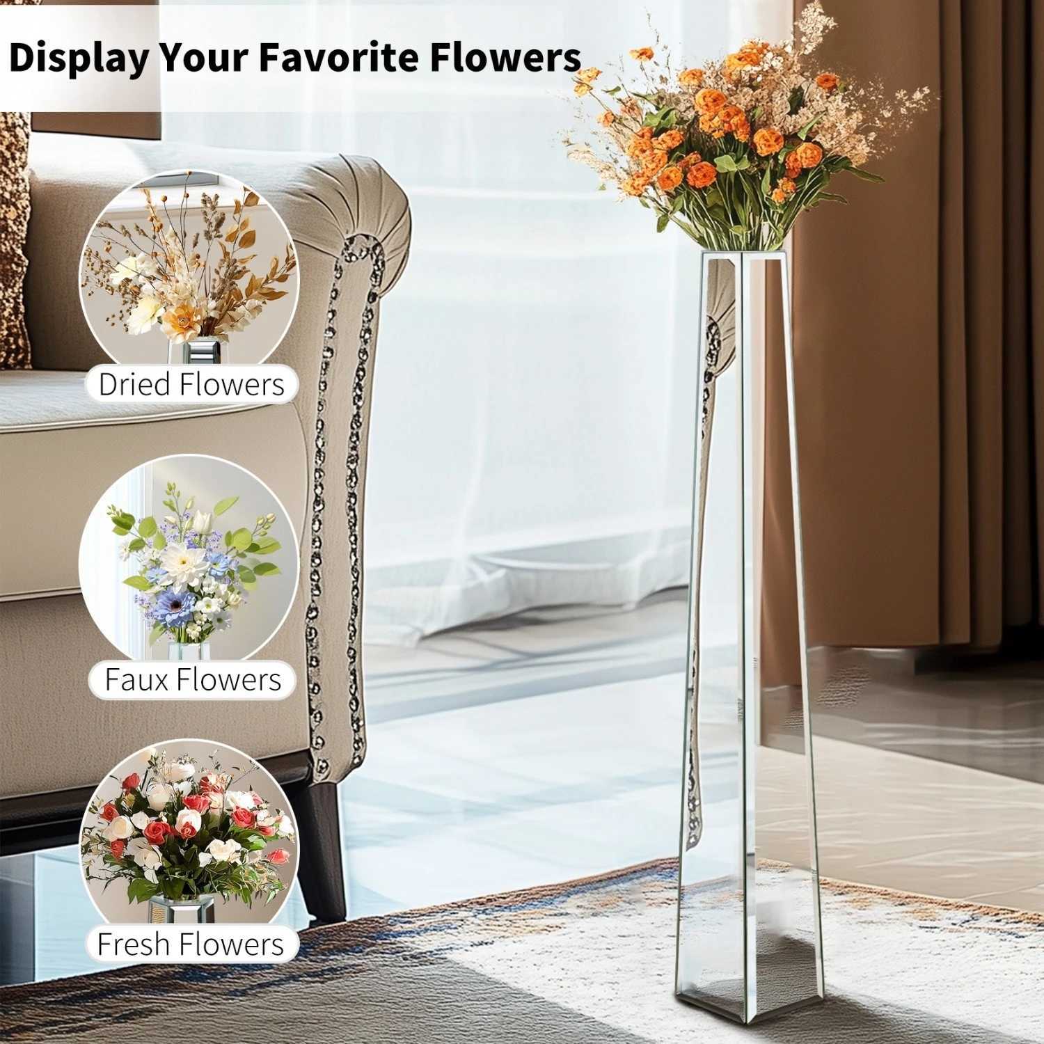 30 Tall Mirrored Floor Vase Silver Big Vases for Decor Living Room Home Decorative Vases for Dried Flower C251124