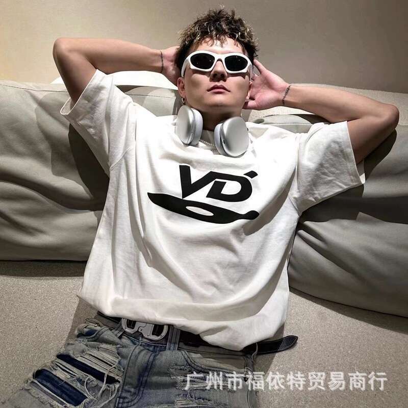 Meichao High Street VD CD letter print niche black white round neck short sleeved casual loose top T-shirt for men and women