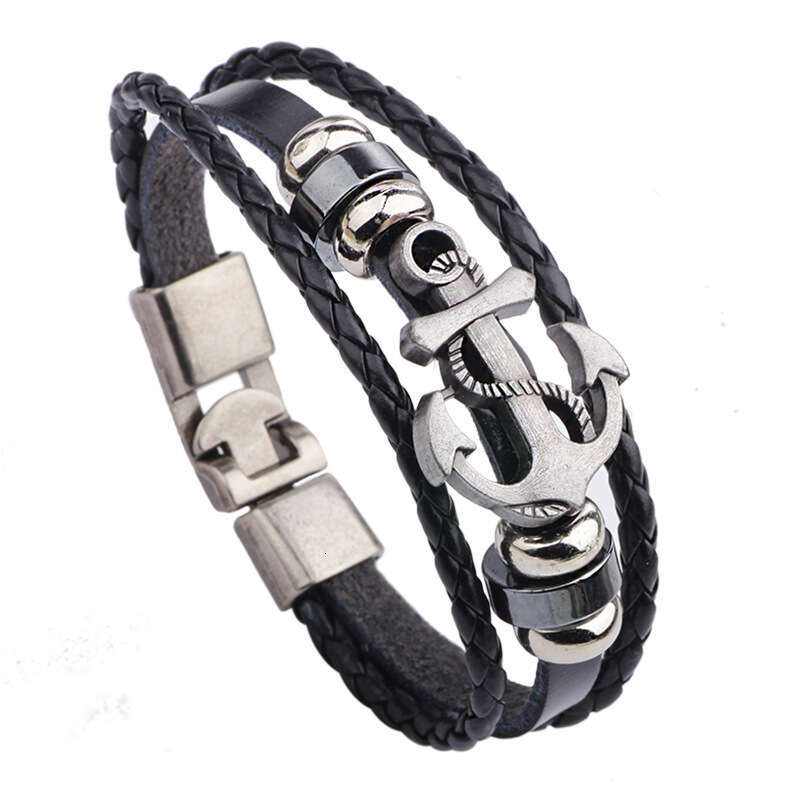 Multi layer Weaving Versatile Personalized Pirate Wind Ship Anchor Chain Leather Bracelet