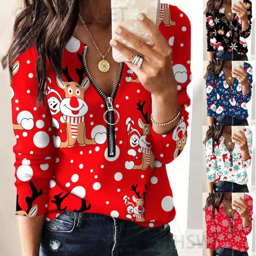 2023 Autumn/Winter New Christmas Printed V-neck Long sleeved Hoodie Womens Top