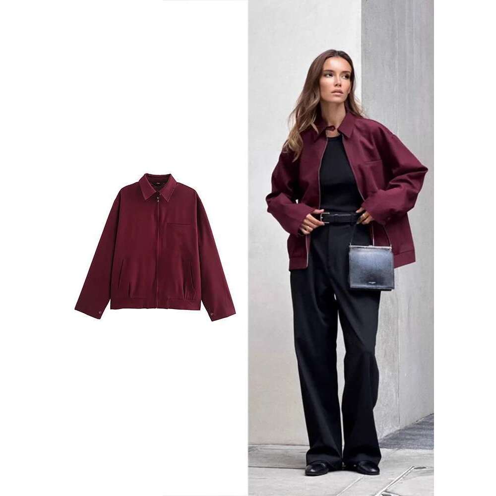 Designer Clothes TRAF Women's Fashion Bordeaux Red Zipper Vintage Bury Lapel Long Sleeve Casual Loose Street Commuter Jacket