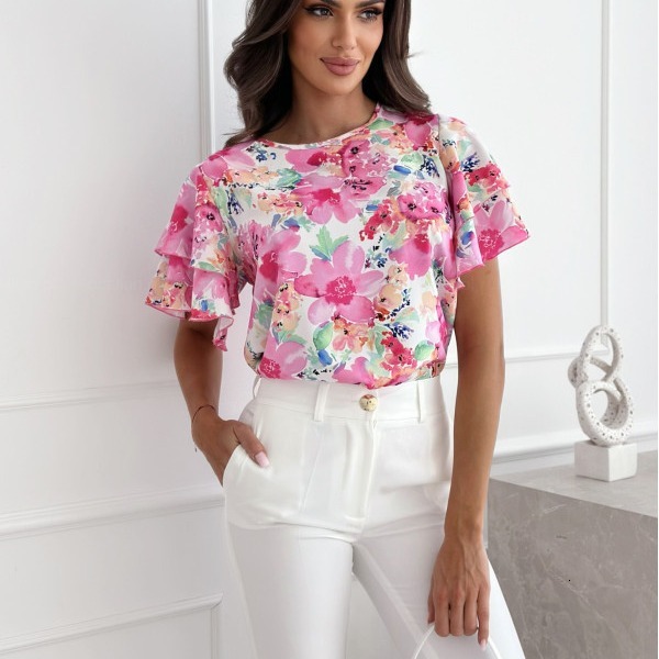 2024 new summer printed lotus leaf sleeve round neck simple short sleeved top