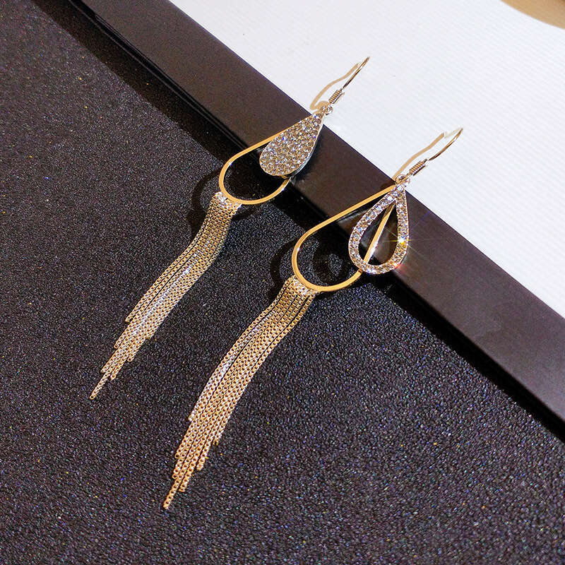 Temperament long style full dia tassel Korean internet celebrity temperament women's sier needles personality exaggerated design earrings