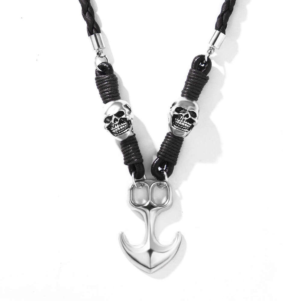 Versatile design Halloween alloy boat anchor pendant hot selling personalized skull head woven necklace
