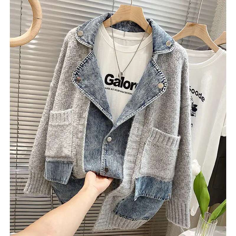 2023 New Autumn Winter Splicing Denim Women Long Sleeve Jean Jackets Female Loose Sweater Cardigan Jacket