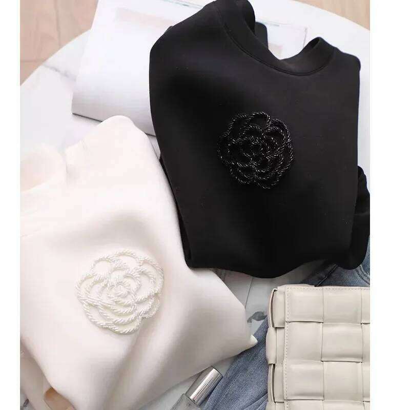 2022 Autumn/Winter New Women's Sweatshirt Camellia Round Neck Casual Versatile Design Sensibility Korean Style Loose-Fit