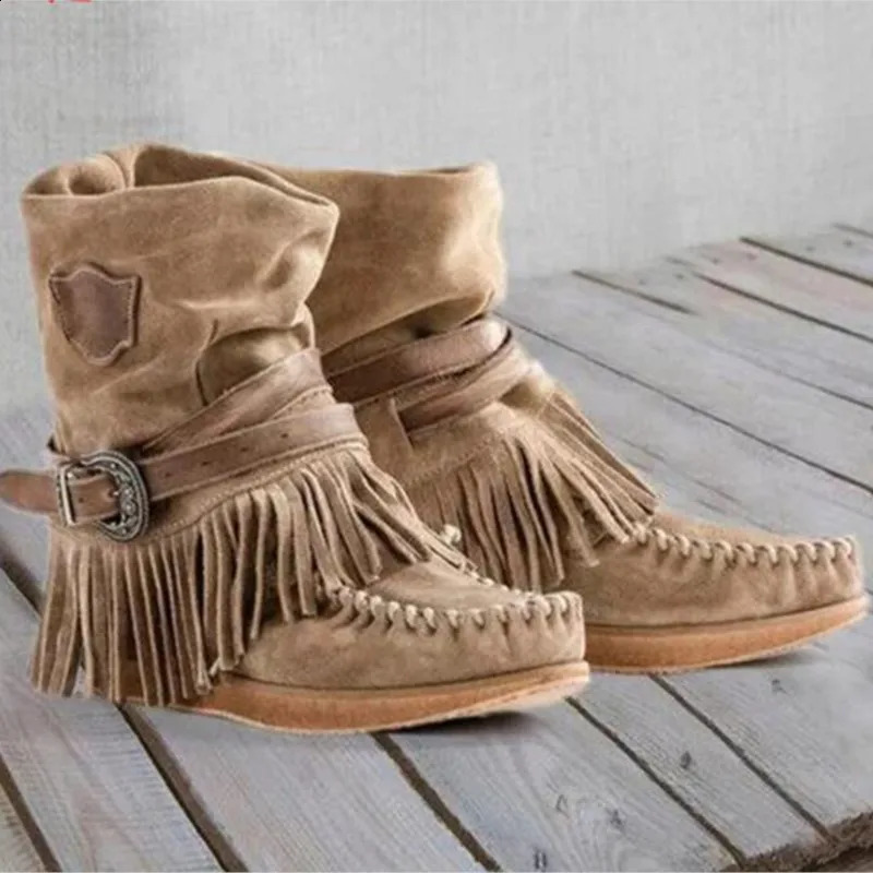 Winter Flat Bottom Sleeve Large Tassel Ethnic Style Cotton Boots Womens Leather ankle Boots P715 250418
