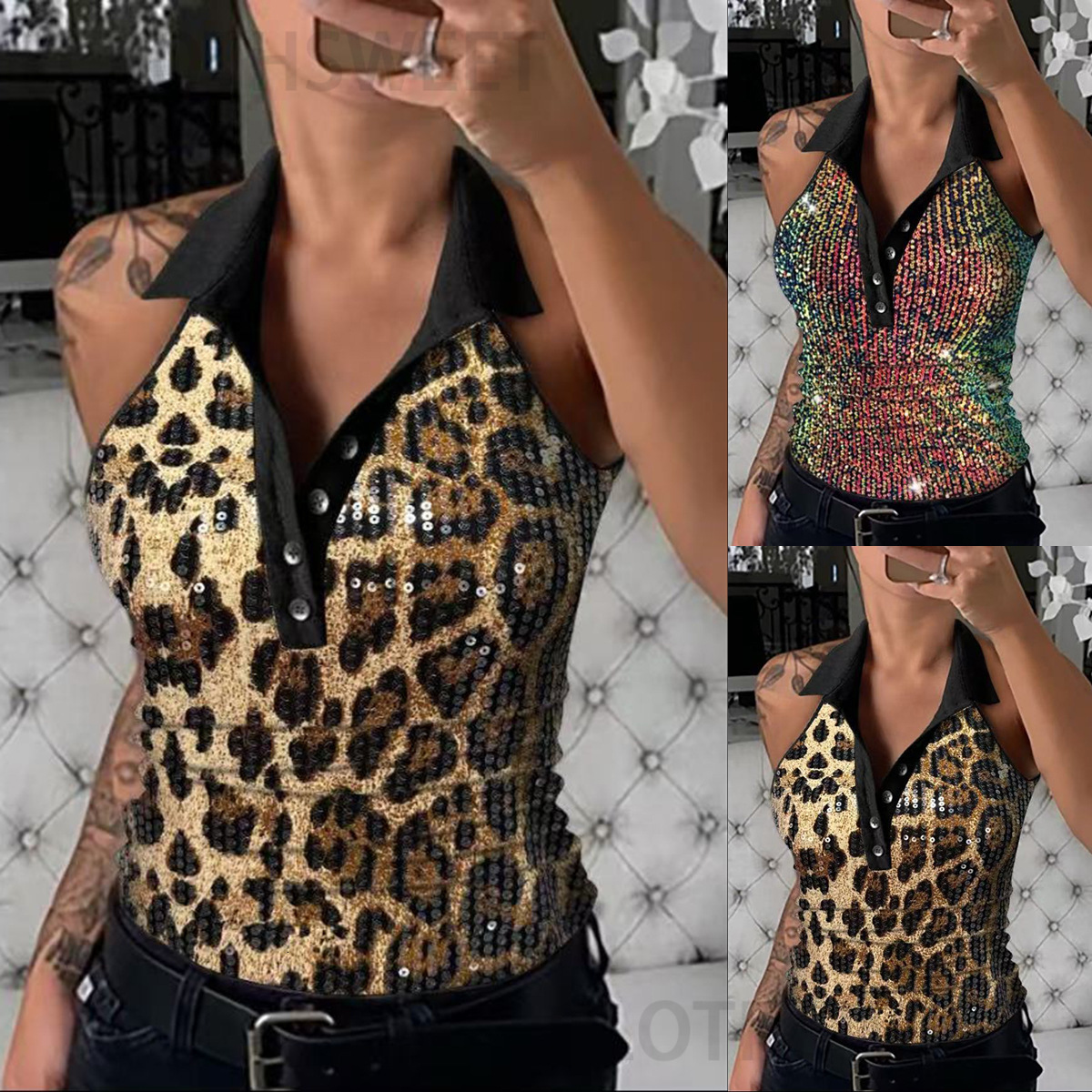 2025 new summer fashion sequin lapel button slim fit sleeveless vest womens clothing