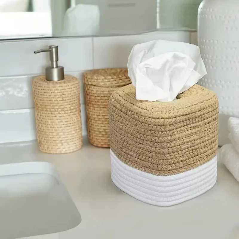 1pc Cotton Thread Tissue Box Square Desktop Napkin Decorative Box Multi-functional Hand-woven Storage Basket Tissue Storage BoxM251124