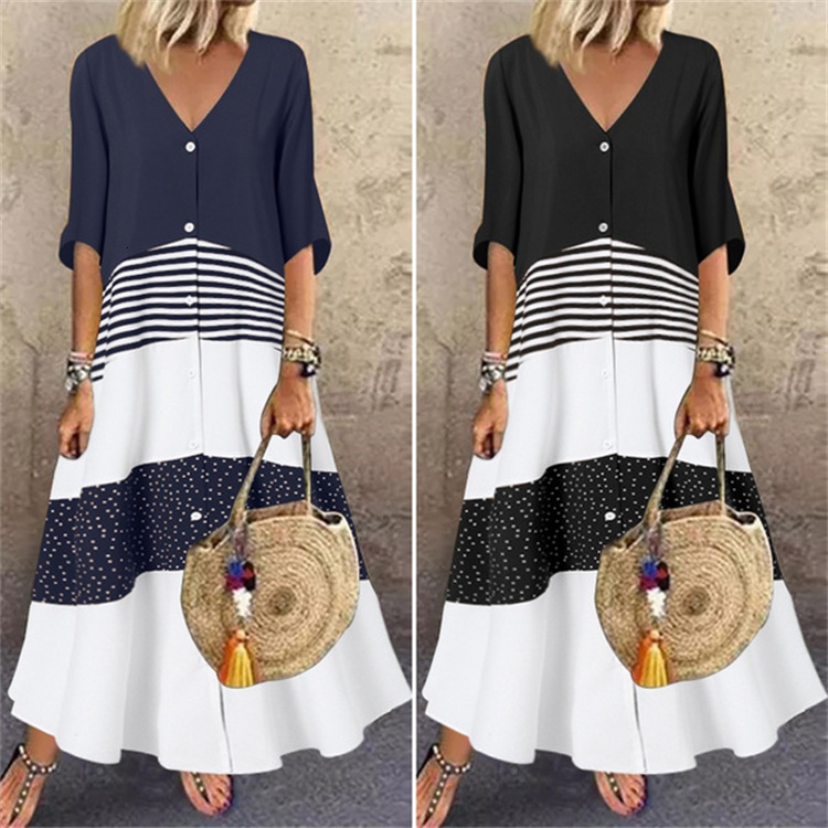 2022 summer new V-neck short sleeve printed long dress button casual skirt