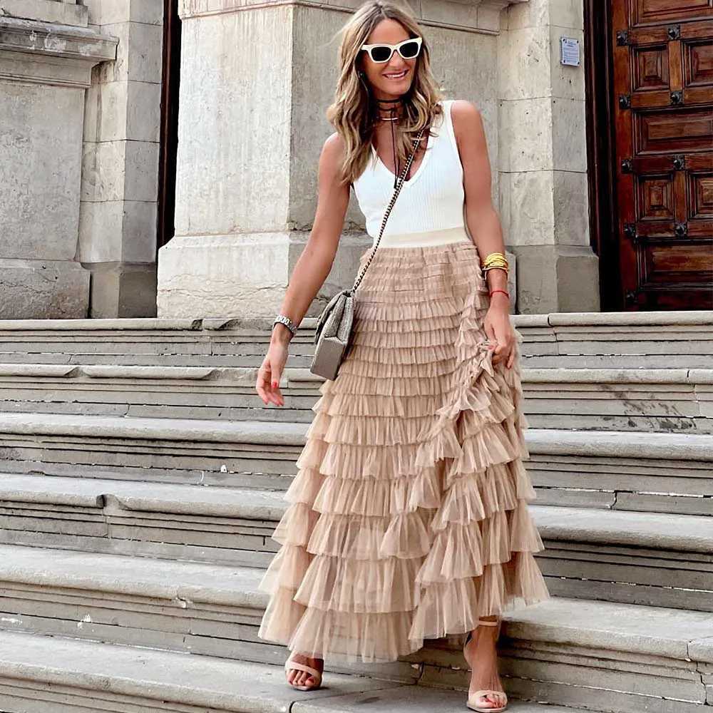 Casual womens solid ball dress long leather chiffon high waisted pleated Tutu leather elegant ladies wild mesh dating Maxi leather drip M250424