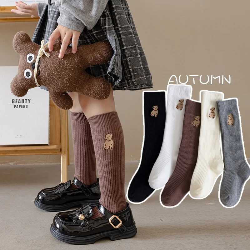 Girls Autumn Long Socks Baby Cute Bear Decor Knee Socks Girls Winter Solid Cotton Stocking Thigh Socks G251124