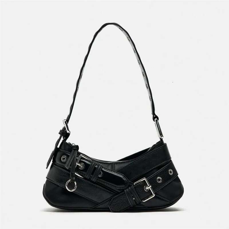 Designer Bag Y2k Fashion PU Leather Shoulder Bags For Women Punk Belt-Decor Locomotive Lady Underarm Bag High-End Female Handbags Black Brown