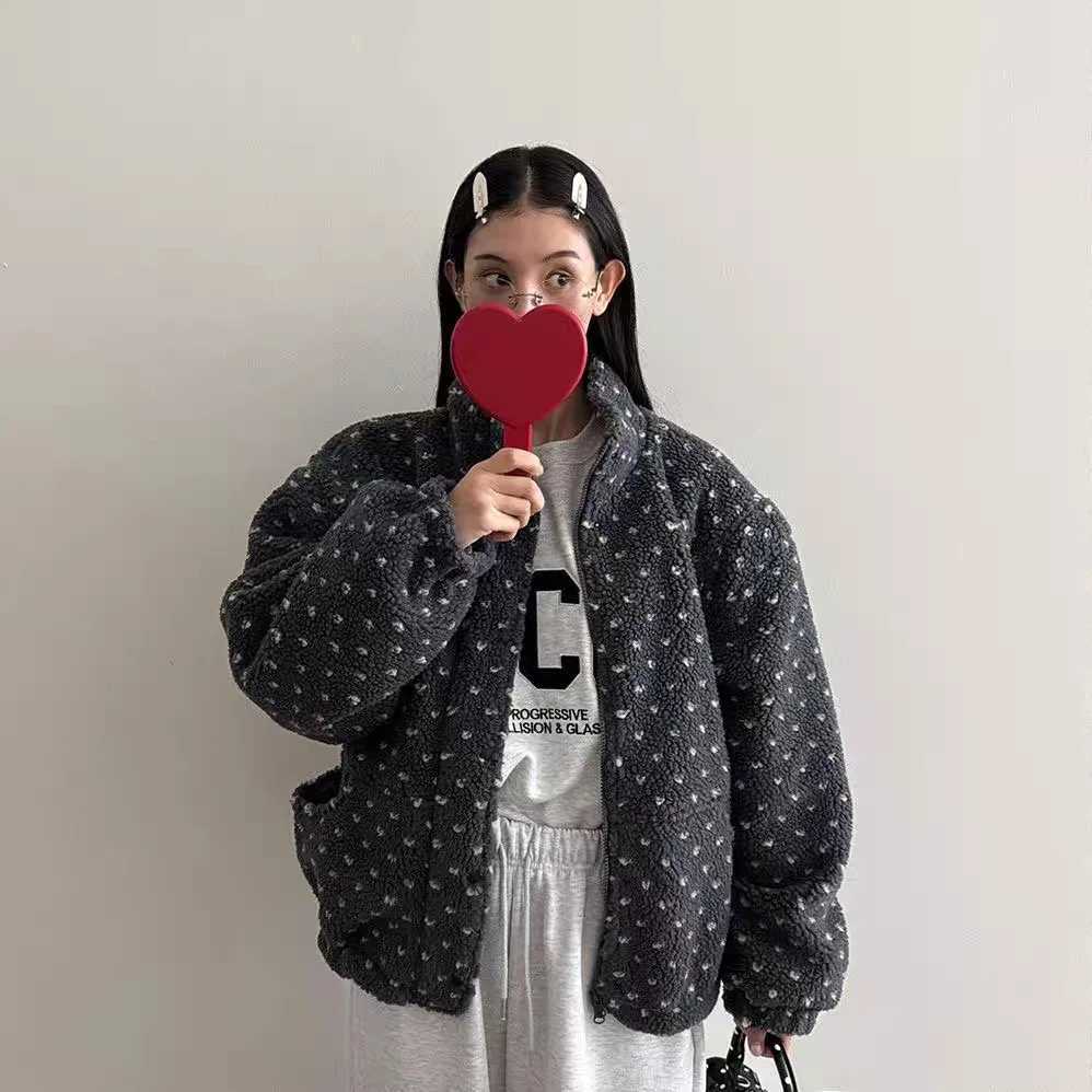 The New Winter Collection Features A Stand-up Collar Heart-shaped Polka Dot Warm Lambskin Jacket And A Fluffy Cotton Coat J251124